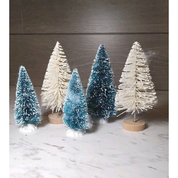 Vintage White/Green Wire Bottle Brush Trees Set 5 Christmas Wood/Plastic Bases - Picture 1 of 7
